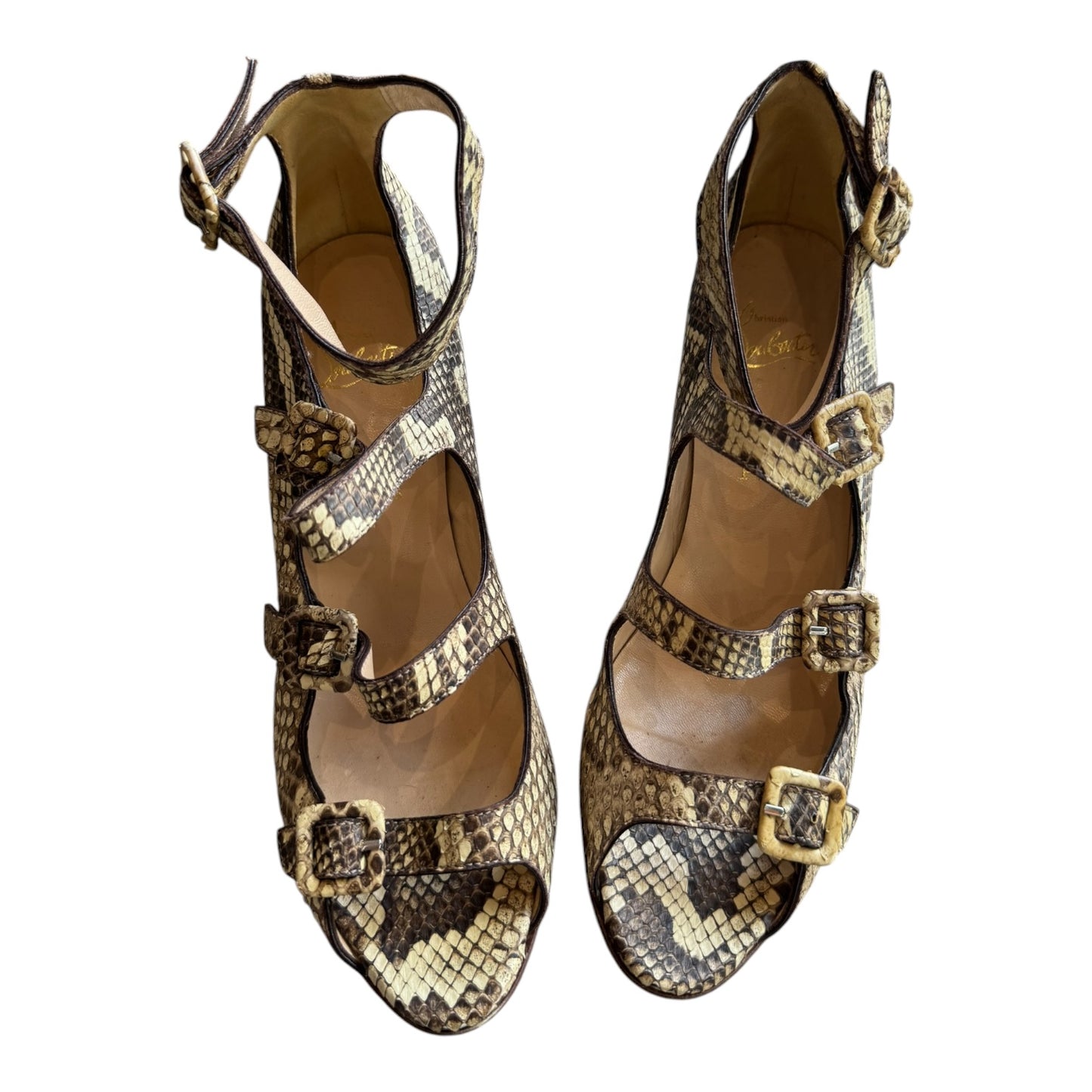 Louboutin Beige Python Buckle Wedge Heels - 41/8