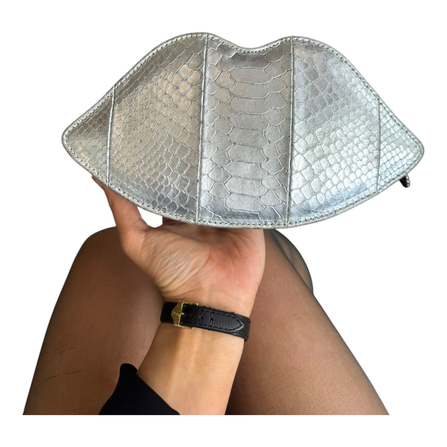 Lulu Guinness Silver Snake Print Lip Clutch