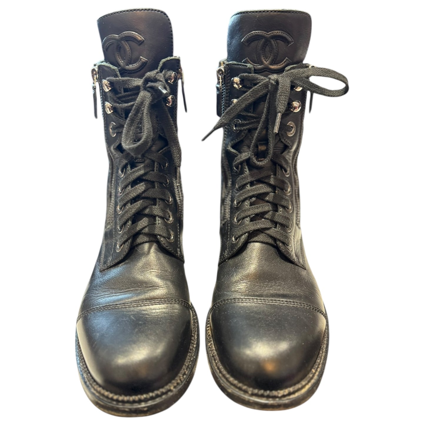 Chanel Black Quilted Leather Lace Up CC Ankle Boots - 40.5 / 7.5