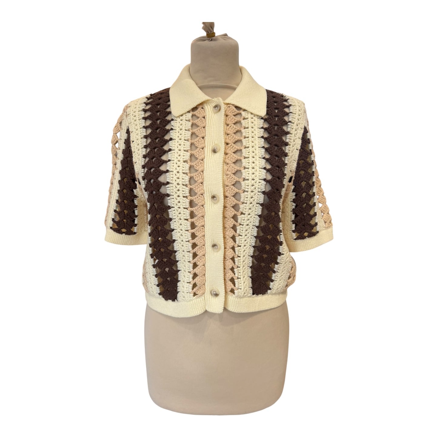 Reiss Cream Brown Roni Cotton Crochet Striped Shirt - 8/10
