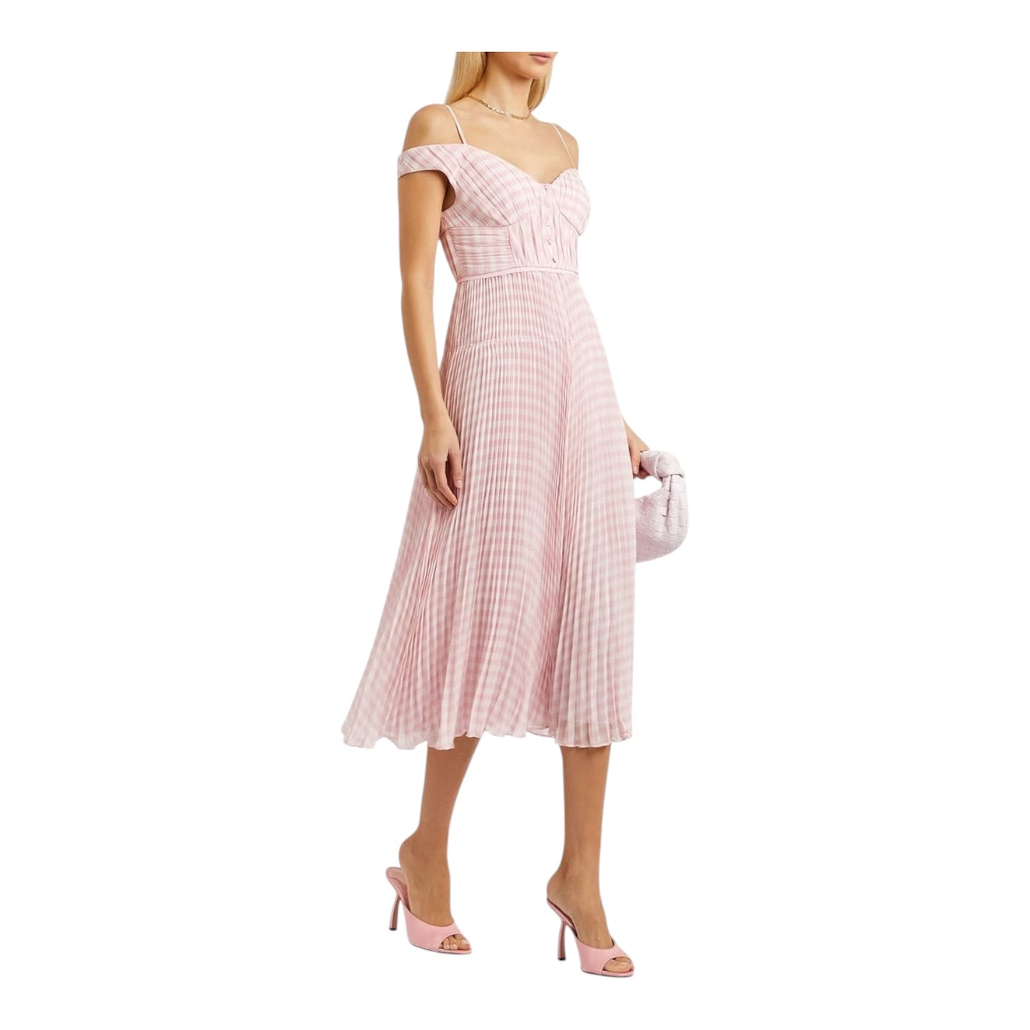 Self-Portrait Gingham Plissé Chiffon Midi Dress - 10 - NEW