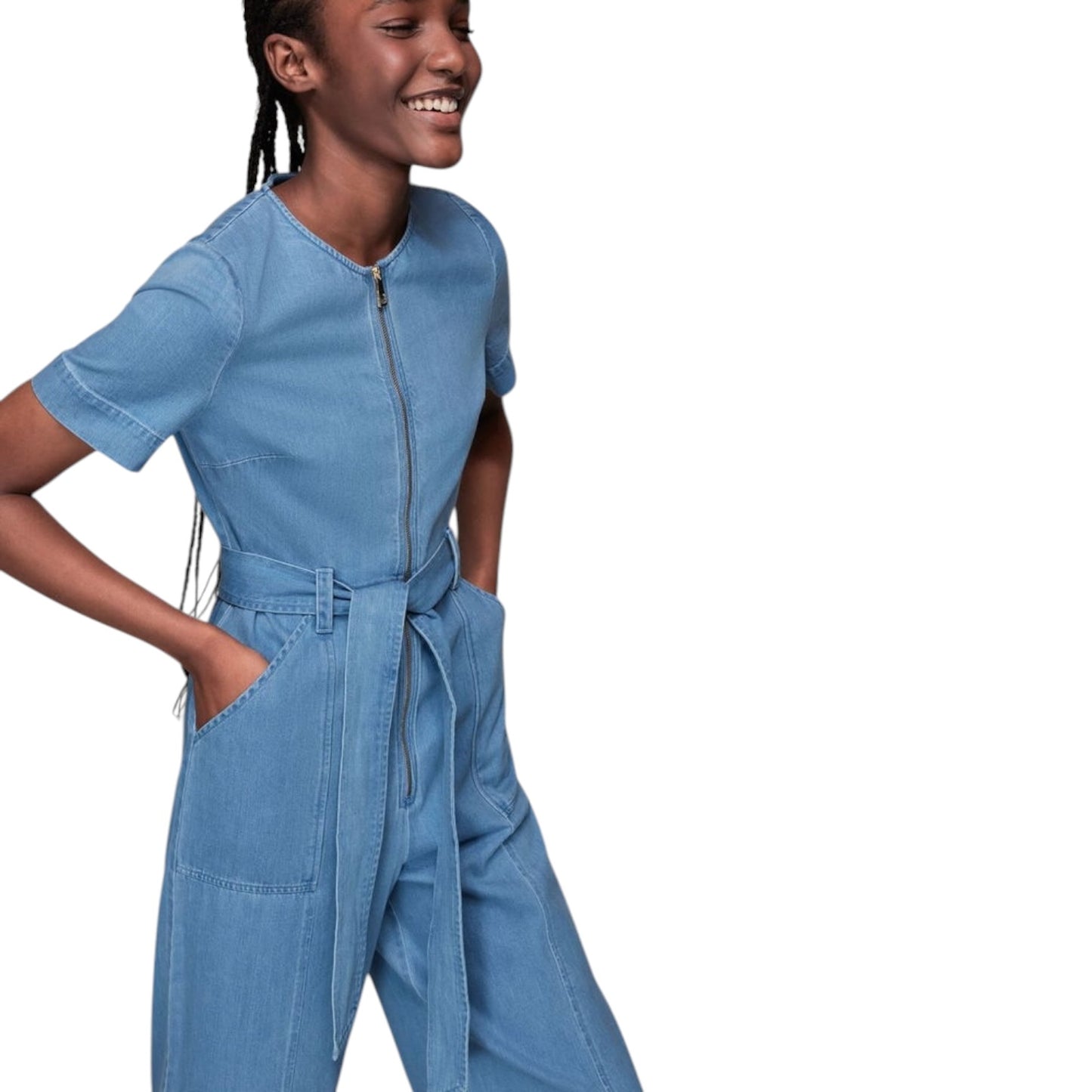 Whistles Short Sleeve Denim Jumpsuit - 10 - NEW