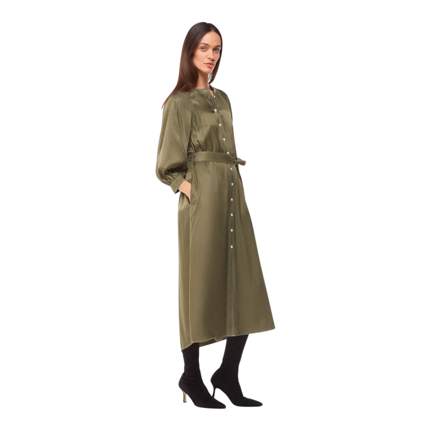 Whistles Khaki Mabel Topstitch Dress - 12