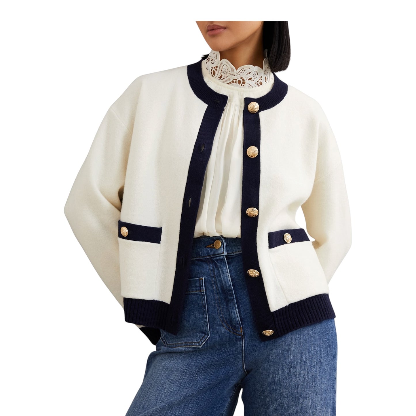 Reiss Cream and Navy Wool Cashmere Cardigan - 10/12