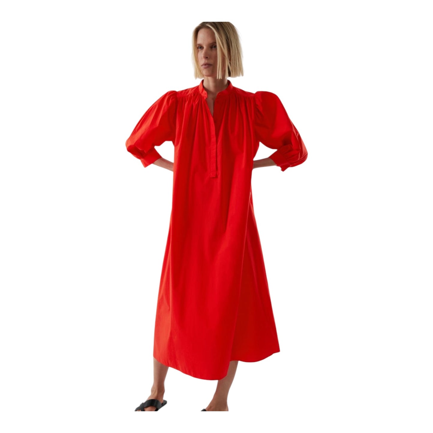COS Tomato Red Puff-Sleeve Belted Dress - 12/14