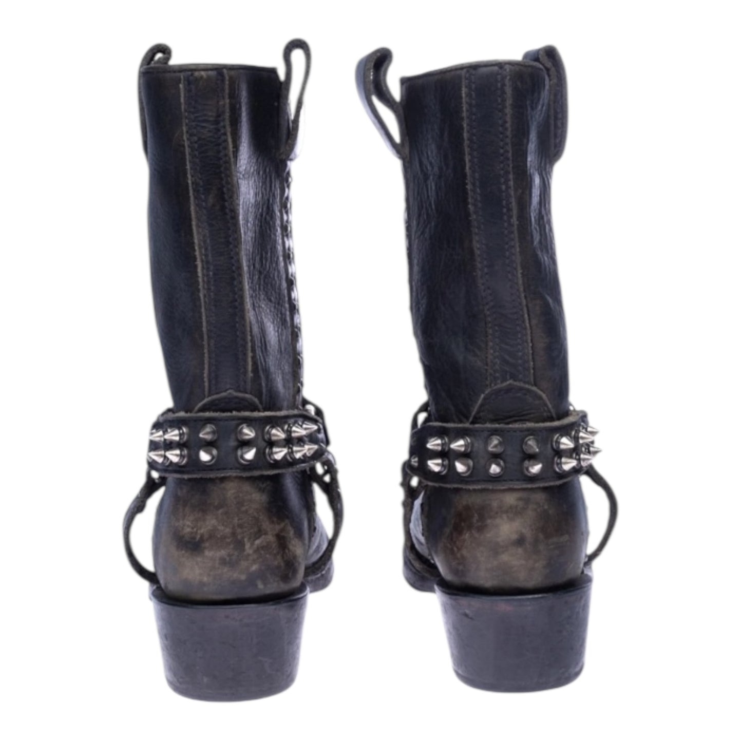 Ash Leather Mid-Calf Distressed Studded Boots - 37/4 - Worn Twice