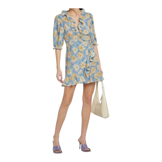 Rixo Nina Blue Floral Silk Wrap Mini Dress - 10