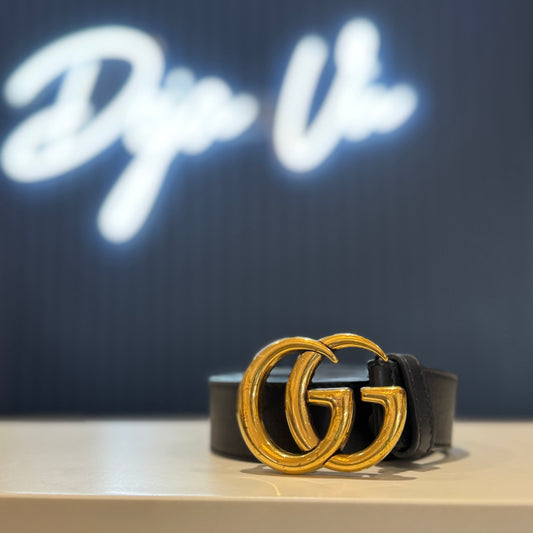 Gucci Black and Gold Double G Buckle Belt