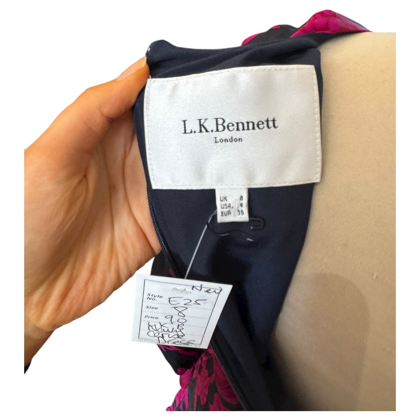 L.K. Bennett Navy and Cerise Pink Silk Dress - 8