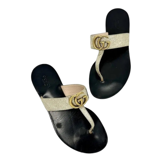 Gucci Marmont Silver Leather Crinkle Sandals - 37/4