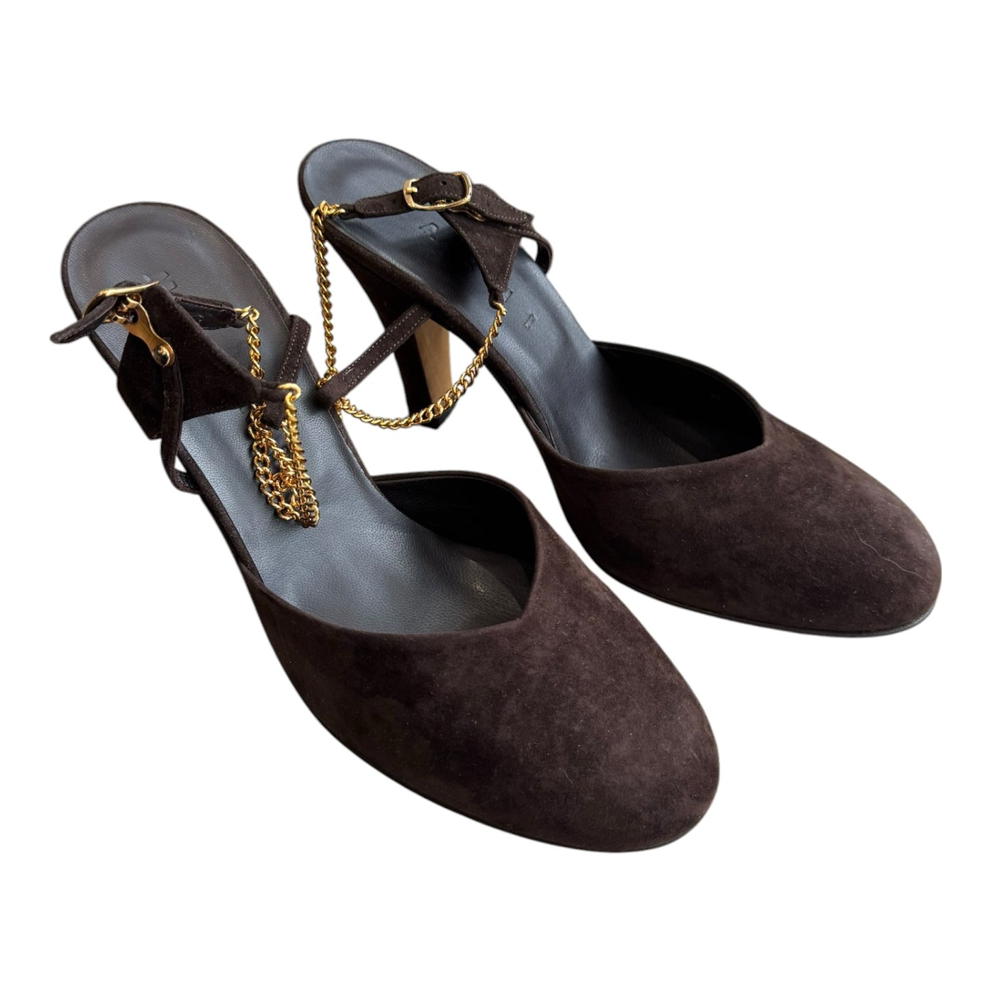 Marni Chocolate Brown Suede Heels with Gold Chain - 4/5 - NEW