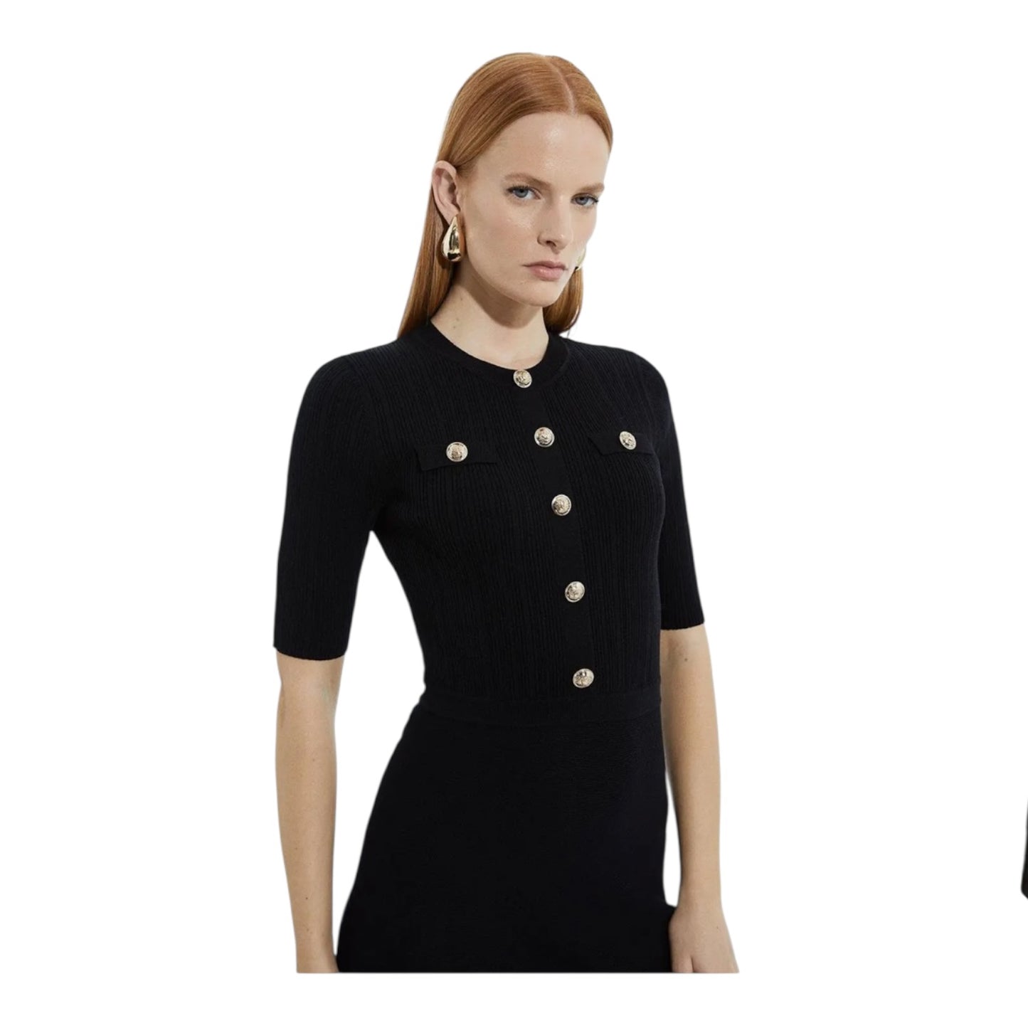 Karen Millen Black Rib Knit Military Trim Maxi Dress - 8/10 - NEW