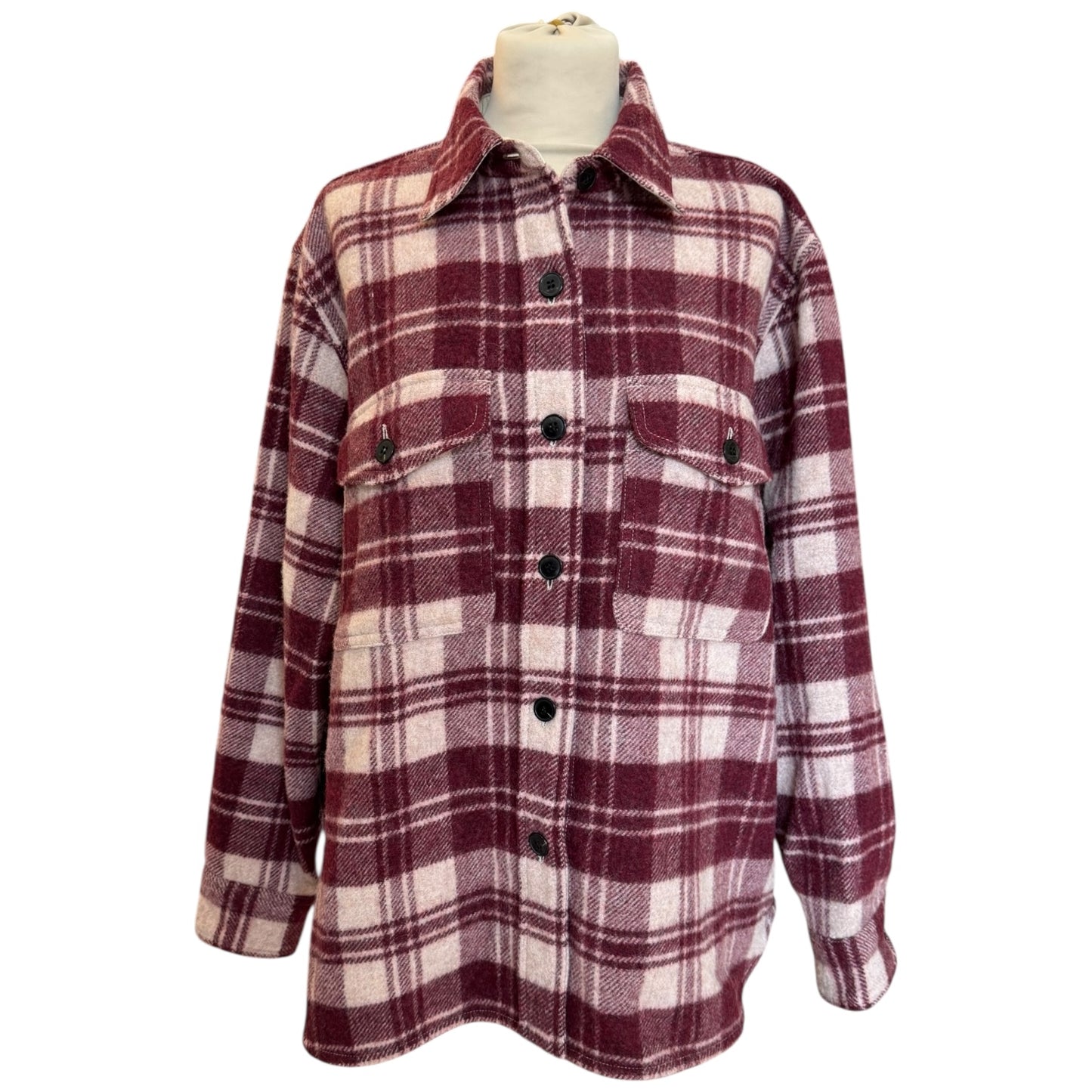 Isabel Marant Etoile Burgundy and Cream Plaid Check Wool Blend Faxon Shirt - 12/14