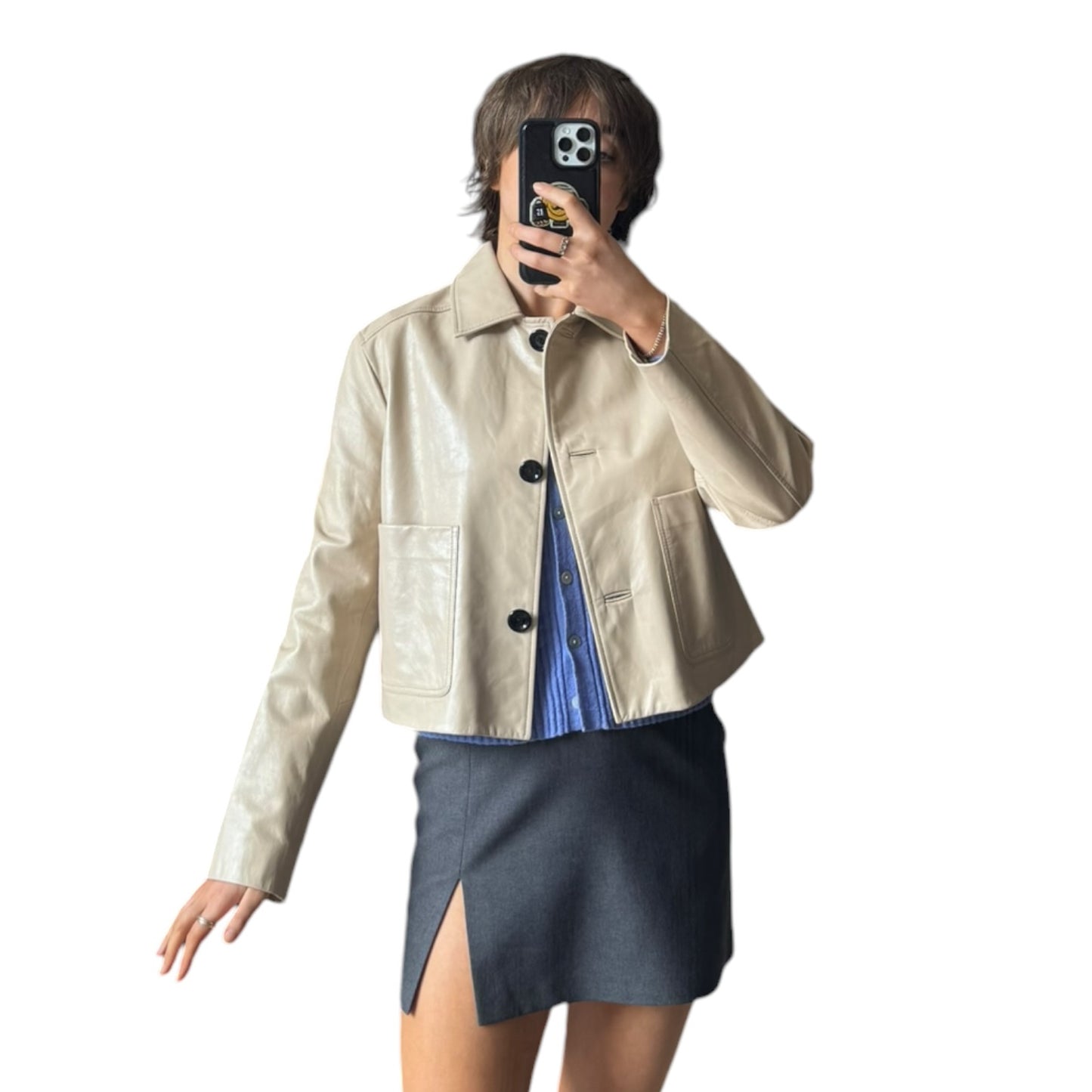 Massimo Dutti Cream Crop Leather Jacket - 10/12