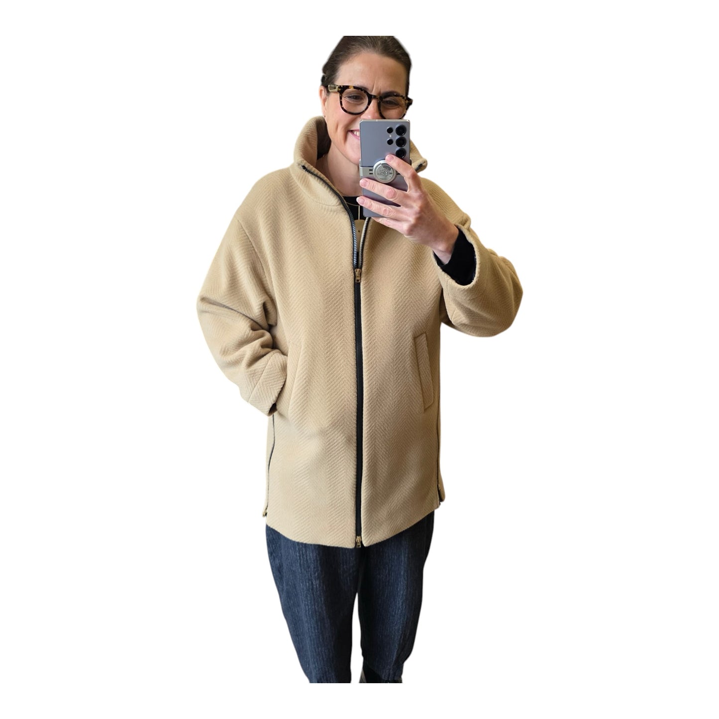 Herno Beige Herringbone Zip Up Coat - 12/14
