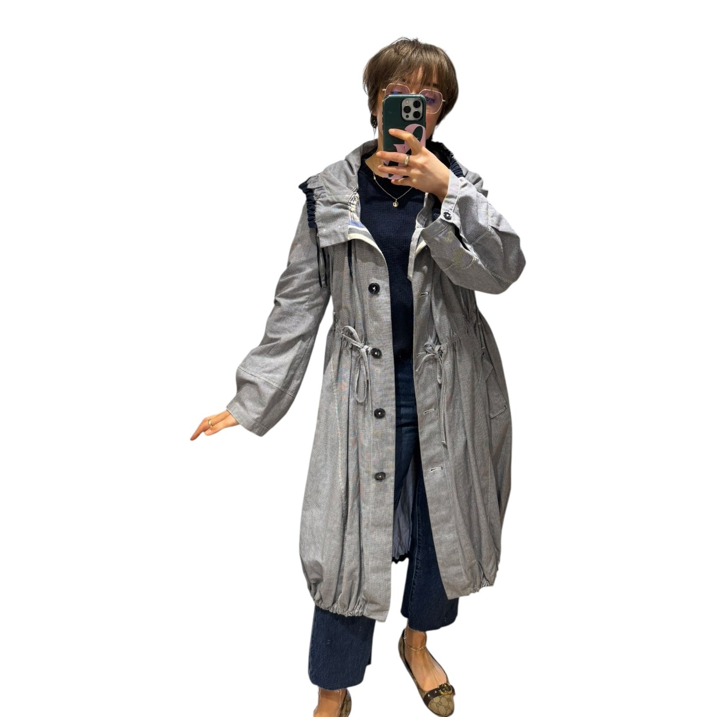 High Blue Navy Houndstooth Hooded Cotton and Linen Coat - 12