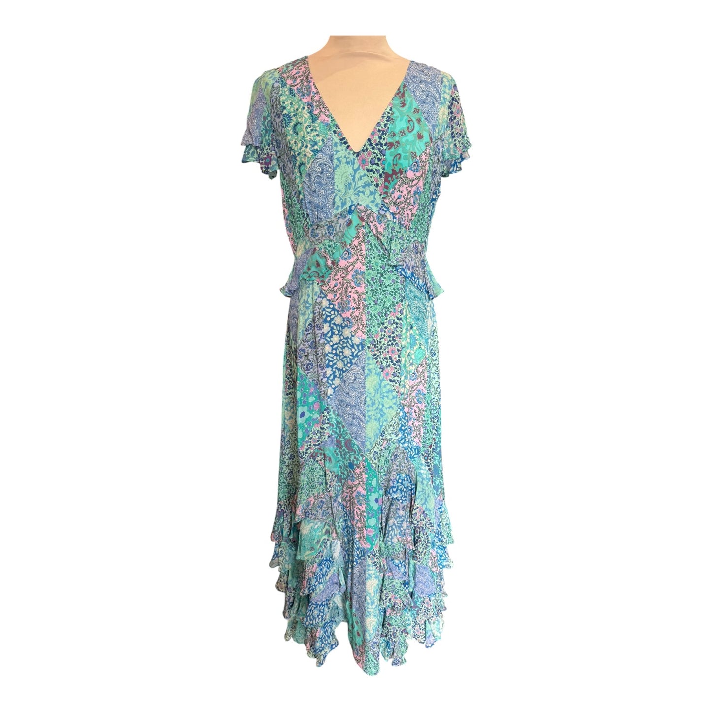 Rixo Thanvi Patchwork Silk Midi Dress - 10 - NEW