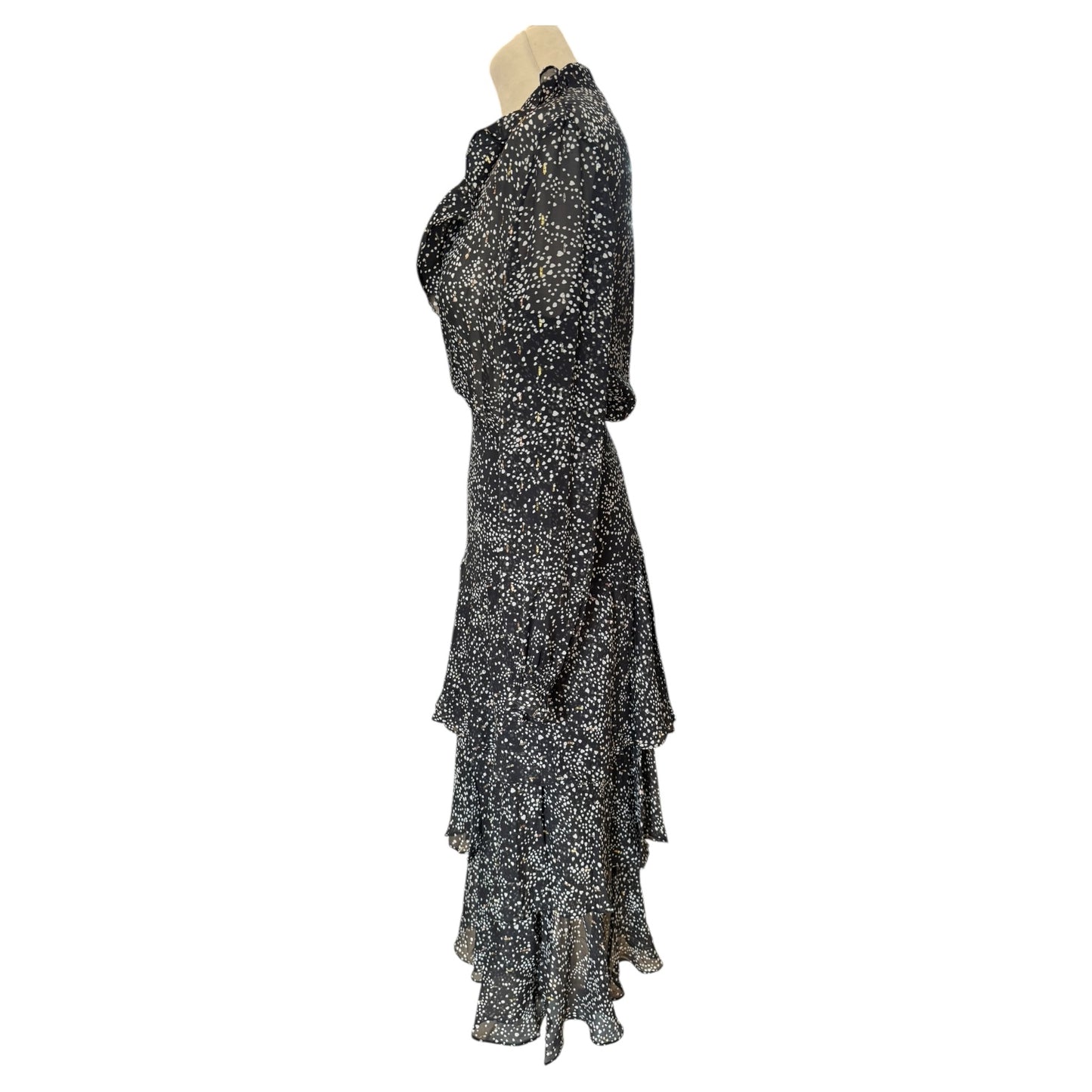 Maje Black, White and Gold Shimmer Silk Tiered Dress - 10