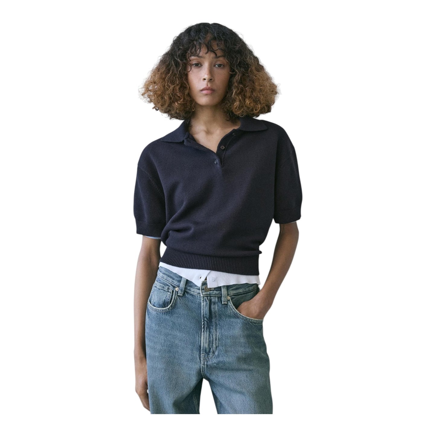 Massimo Dutti Navy Cotton and Wool Knit Top - 10