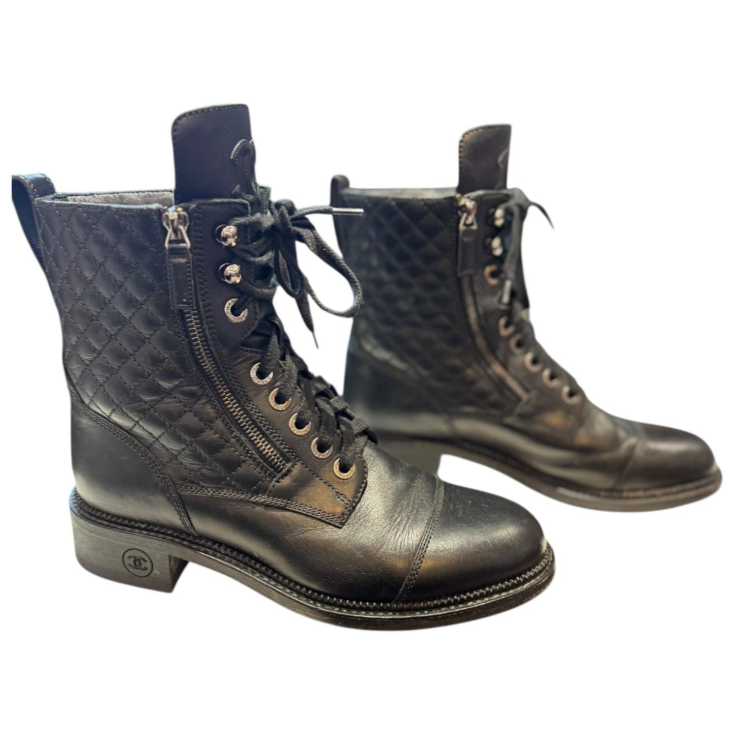 Chanel Black Quilted Leather Lace Up CC Ankle Boots - 40.5 / 7.5