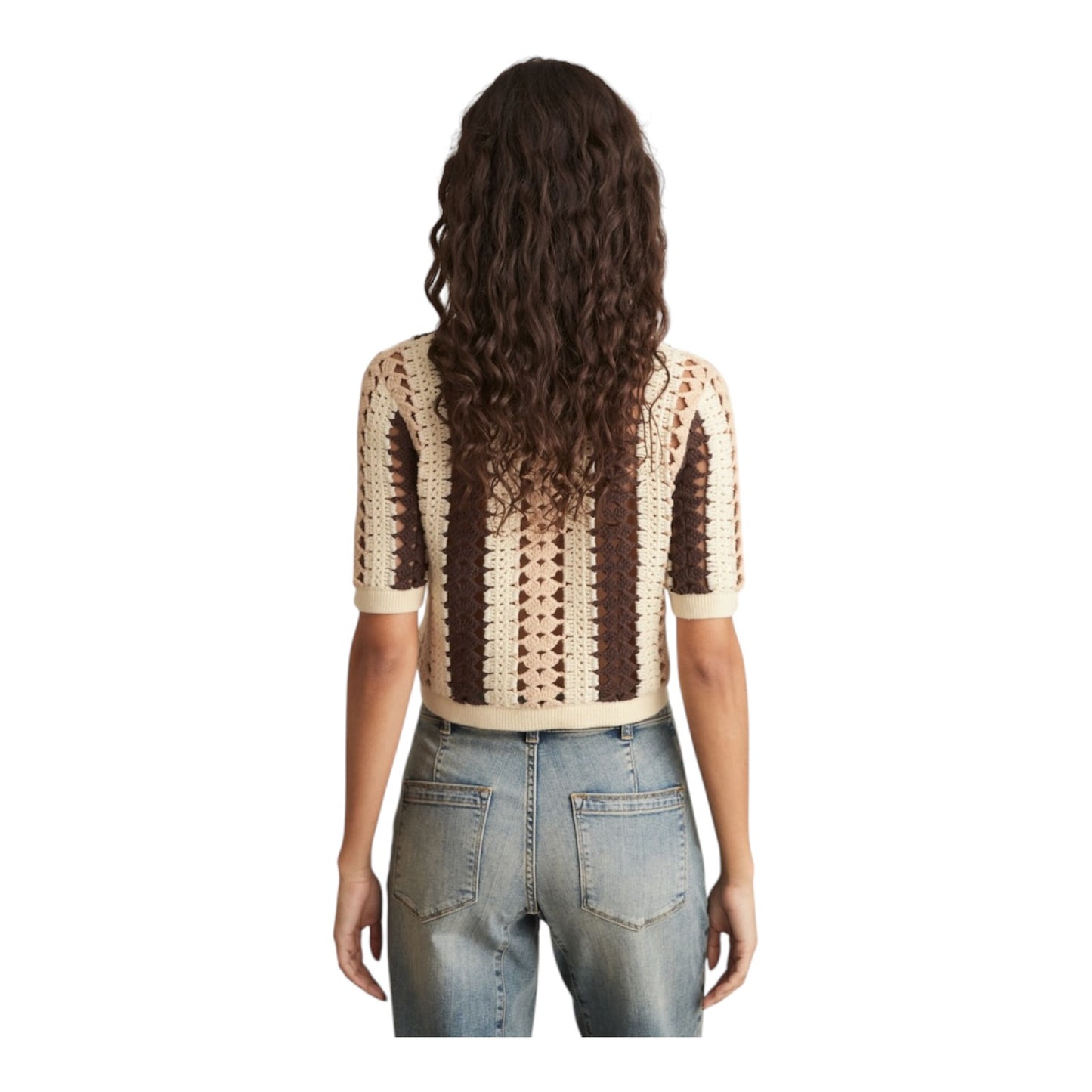 Reiss Cream Brown Roni Cotton Crochet Striped Shirt - 8/10