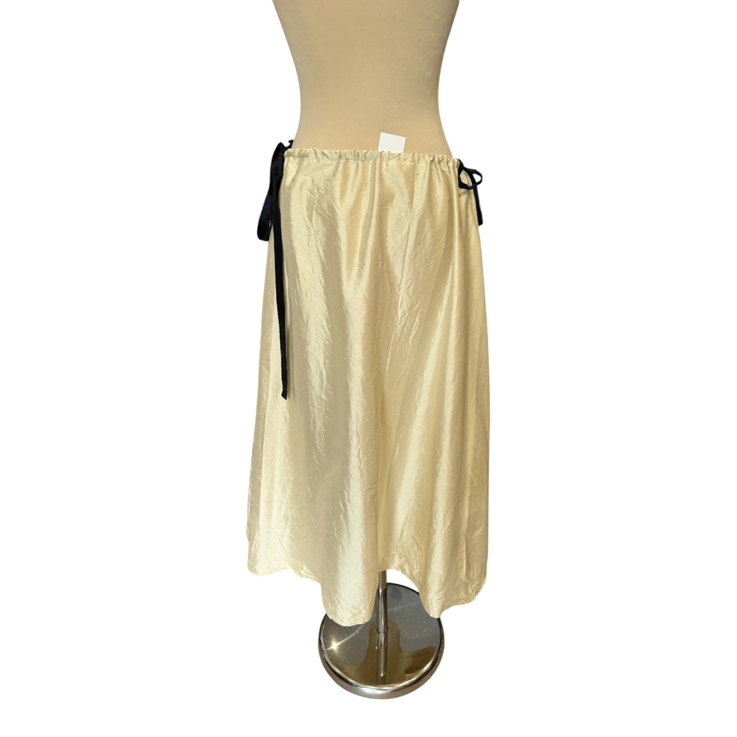 Cawley Cream Silk Midi Skirt with Navy Tie Waist - 10