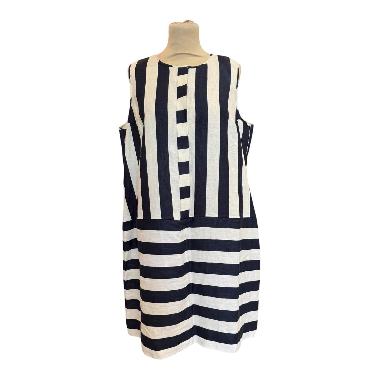 Jaeger Pure Linen Navy and White Striped Shift Dress - 18 - NEW
