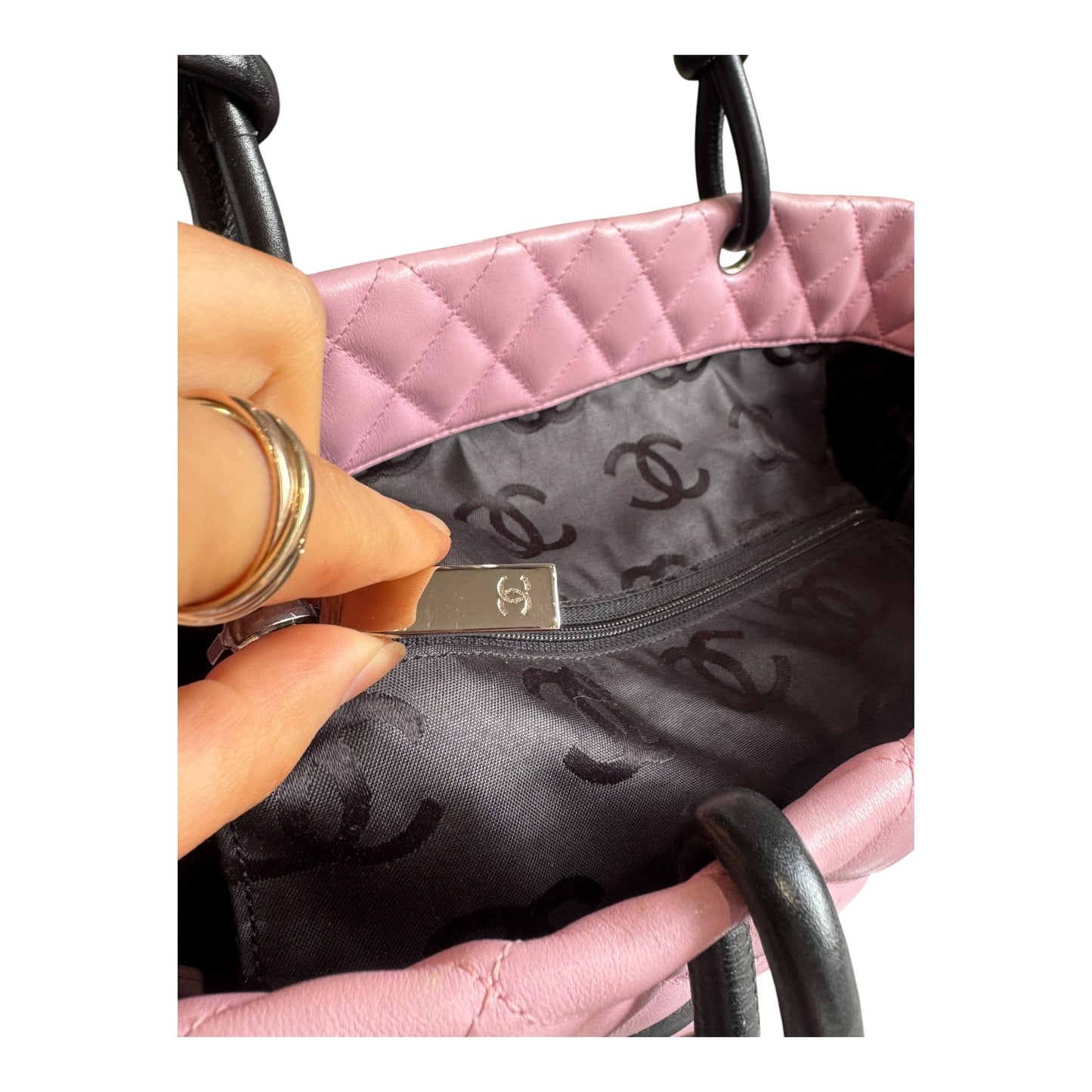 Chanel Cambon Ligne Pink and Black Quilted Tote Bag