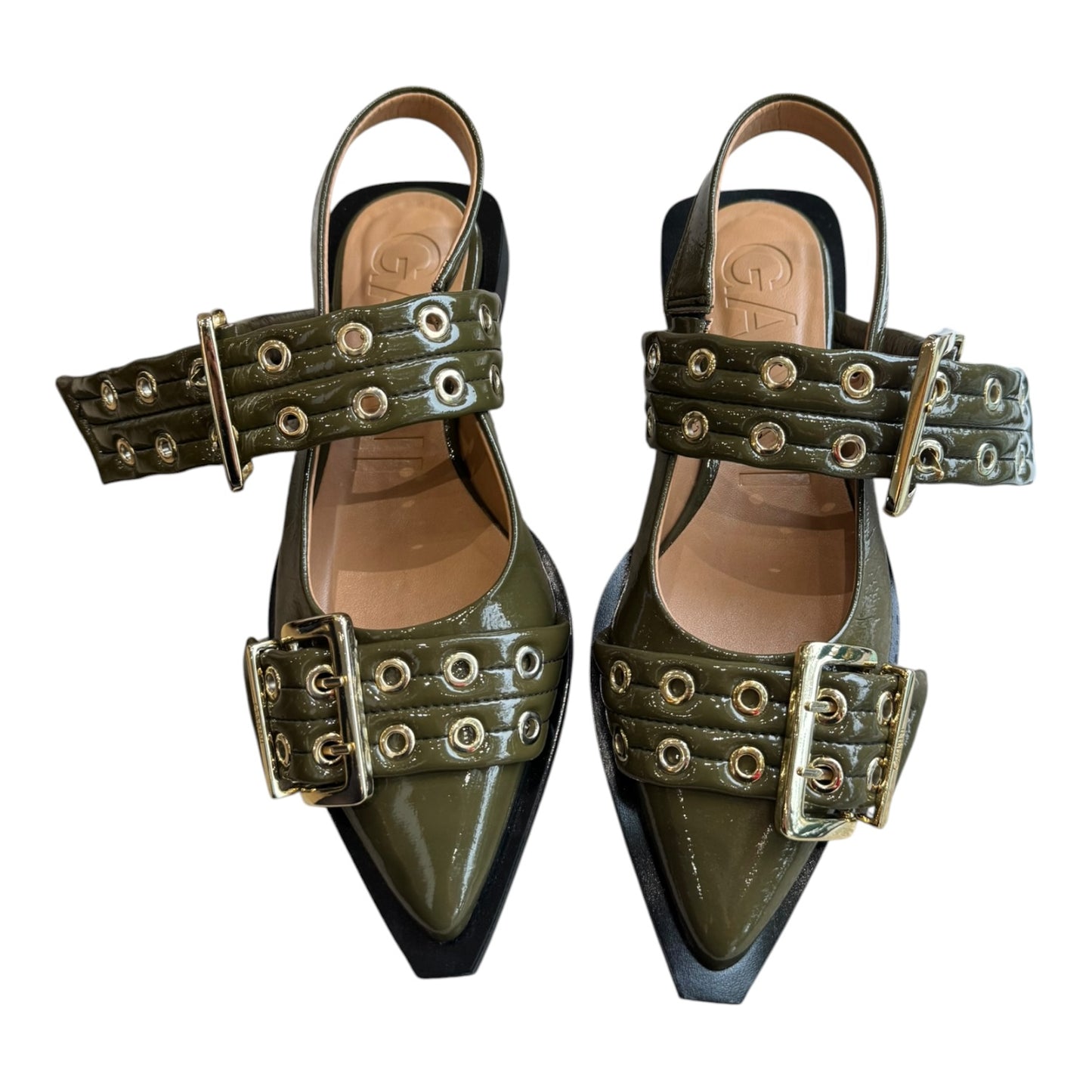 Ganni Khaki Buckle Ballerina Patent Slingback Flats - 37/4 - NEW
