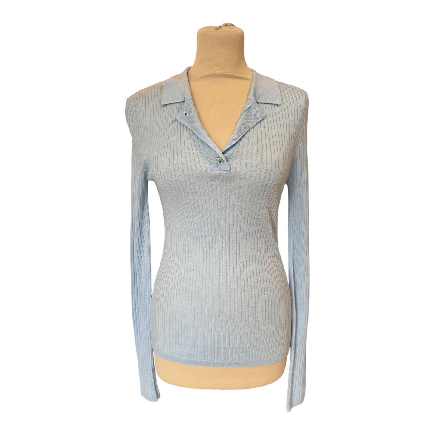 Serena Bute Blue Ribbed Henley Top - 8/10