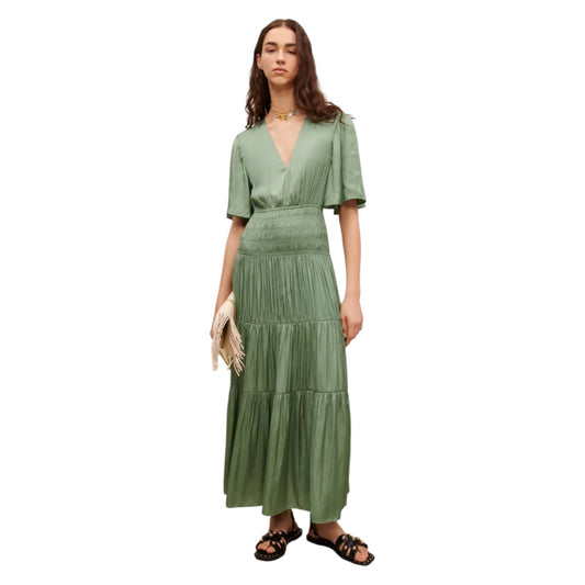 Maje Soft Green Satin Pleated Maxi Dress - 12