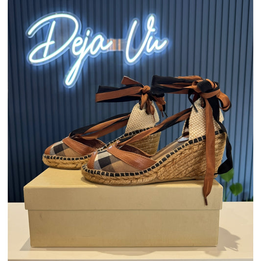 Burberry Wedge Espadrille Sandal with Ribbon Tie - 38 / 5