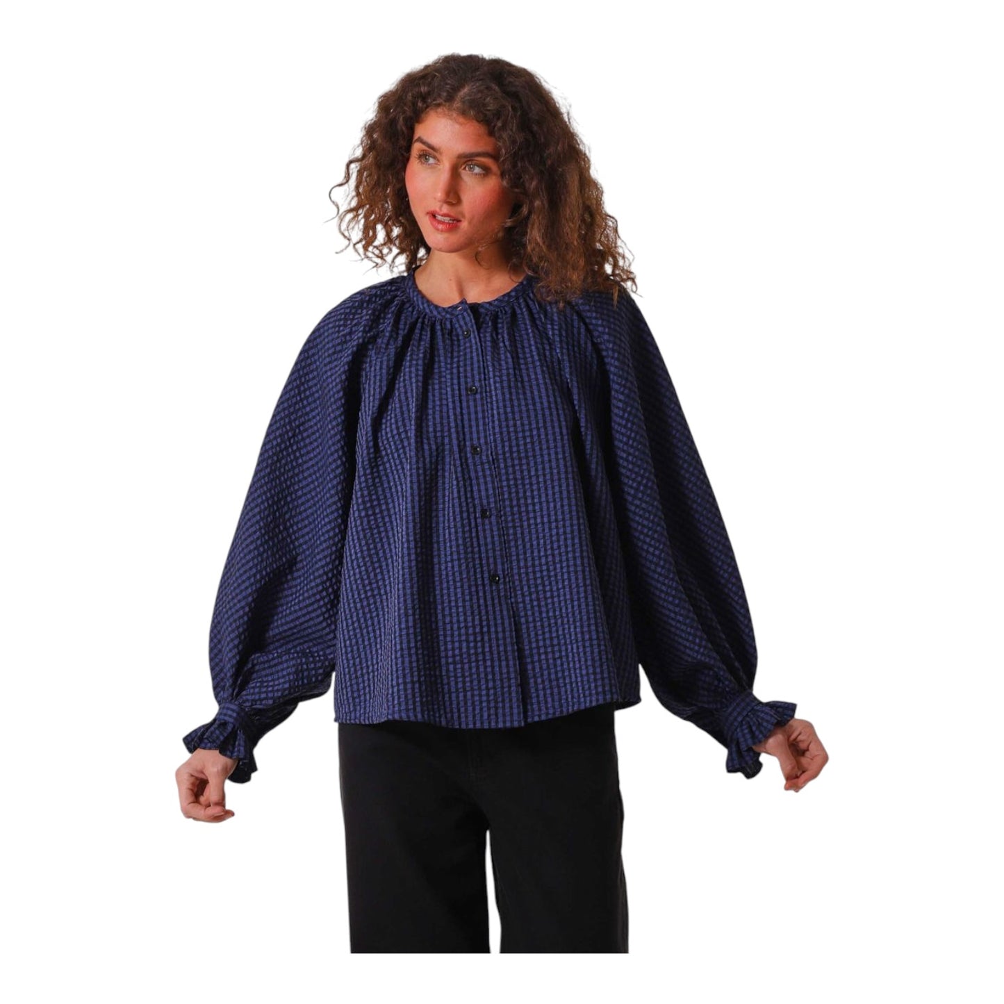 Aligne Blue and Black Check Poet Sleeve Top - 14