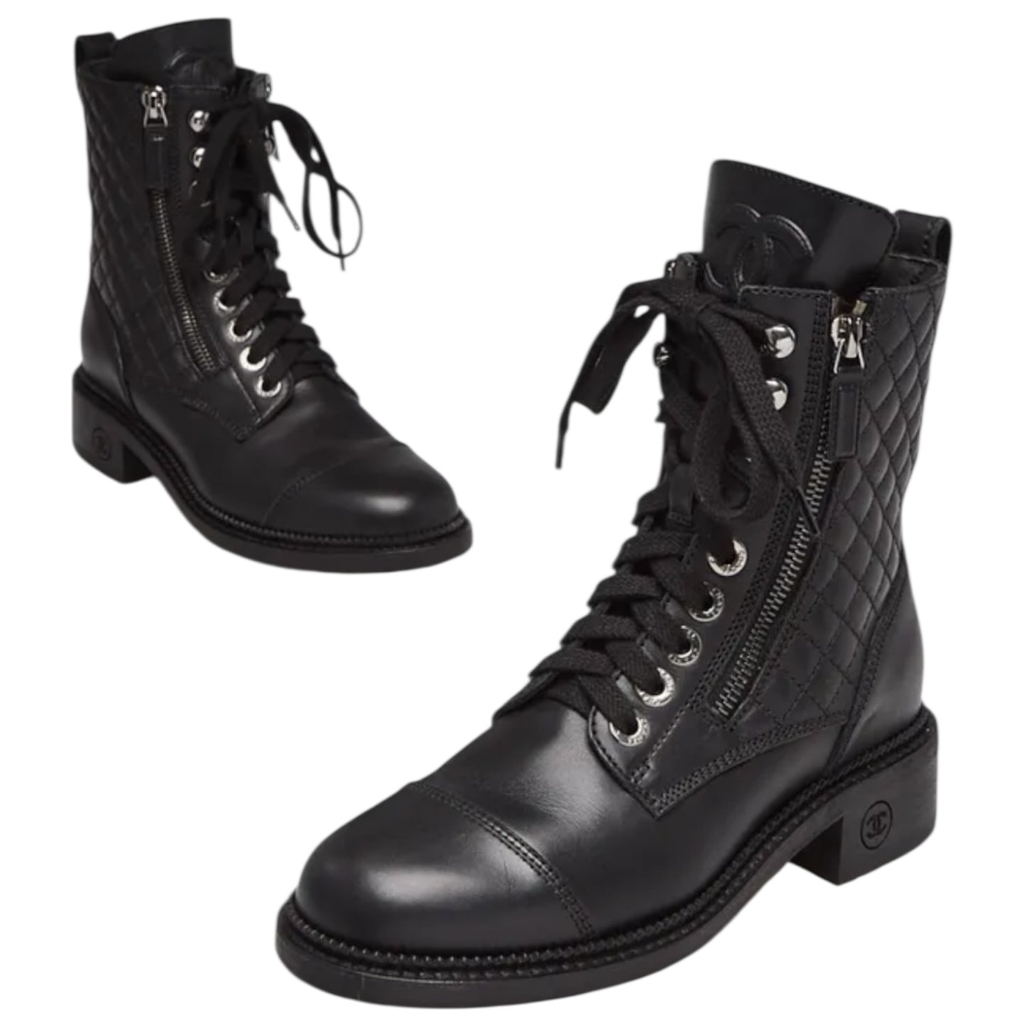 Chanel Black Quilted Leather Lace Up CC Ankle Boots - 40.5 / 7.5