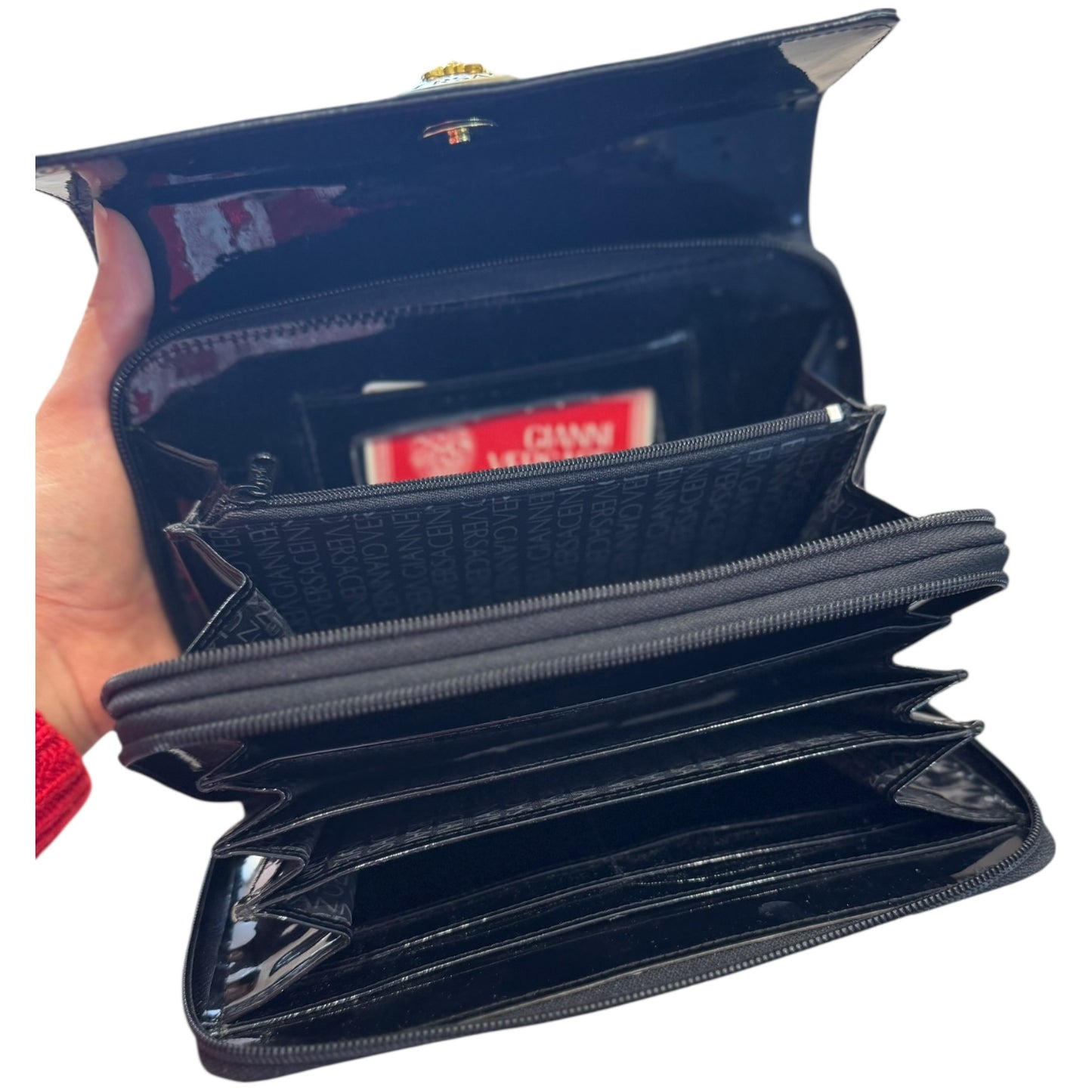 Versace Black Texture Patent Leather Cross Body Bag
