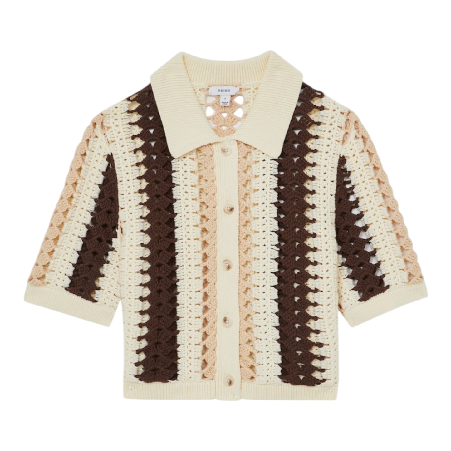 Reiss Cream Brown Roni Cotton Crochet Striped Shirt - 8/10