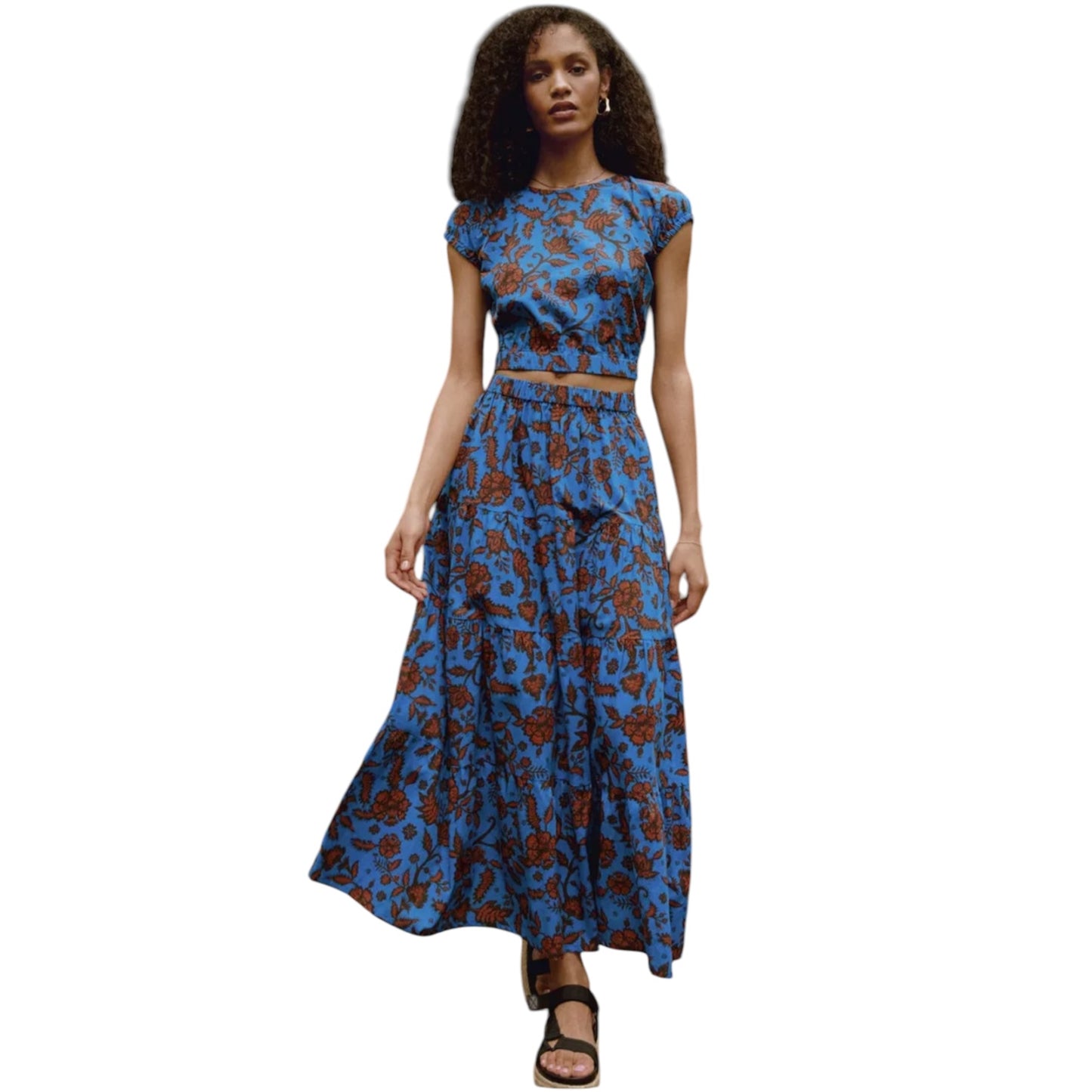 Baukjen Blue and Brown Organic Cotton Midi Skirt - 8 - NEW