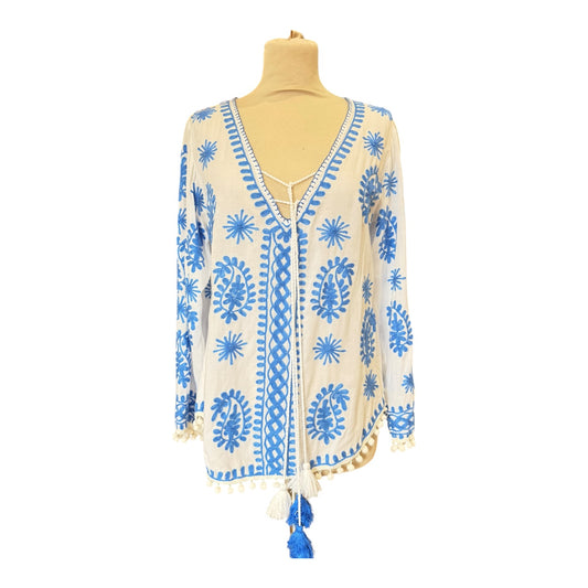 Pranella White and Blue Cicy China Summer Top - 8/10