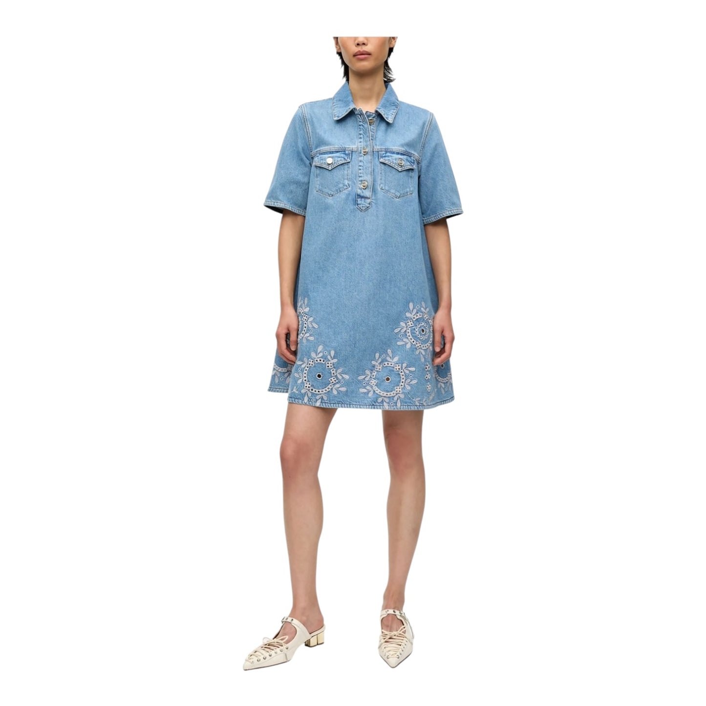 Ganni Broderie Anglaise Denim Mini Dress - 10