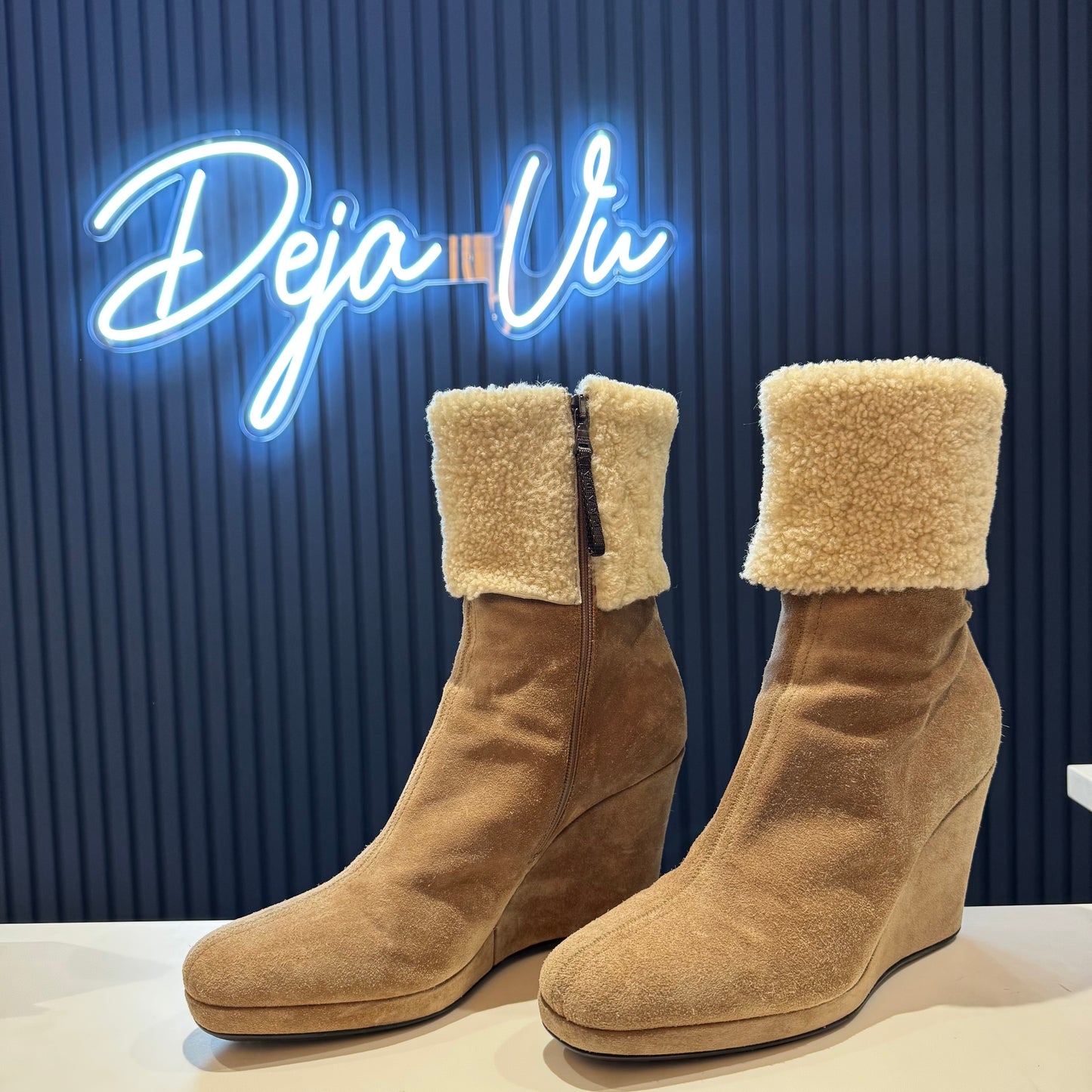 Prada Suede and Shearling Wedge Boots - 41/8