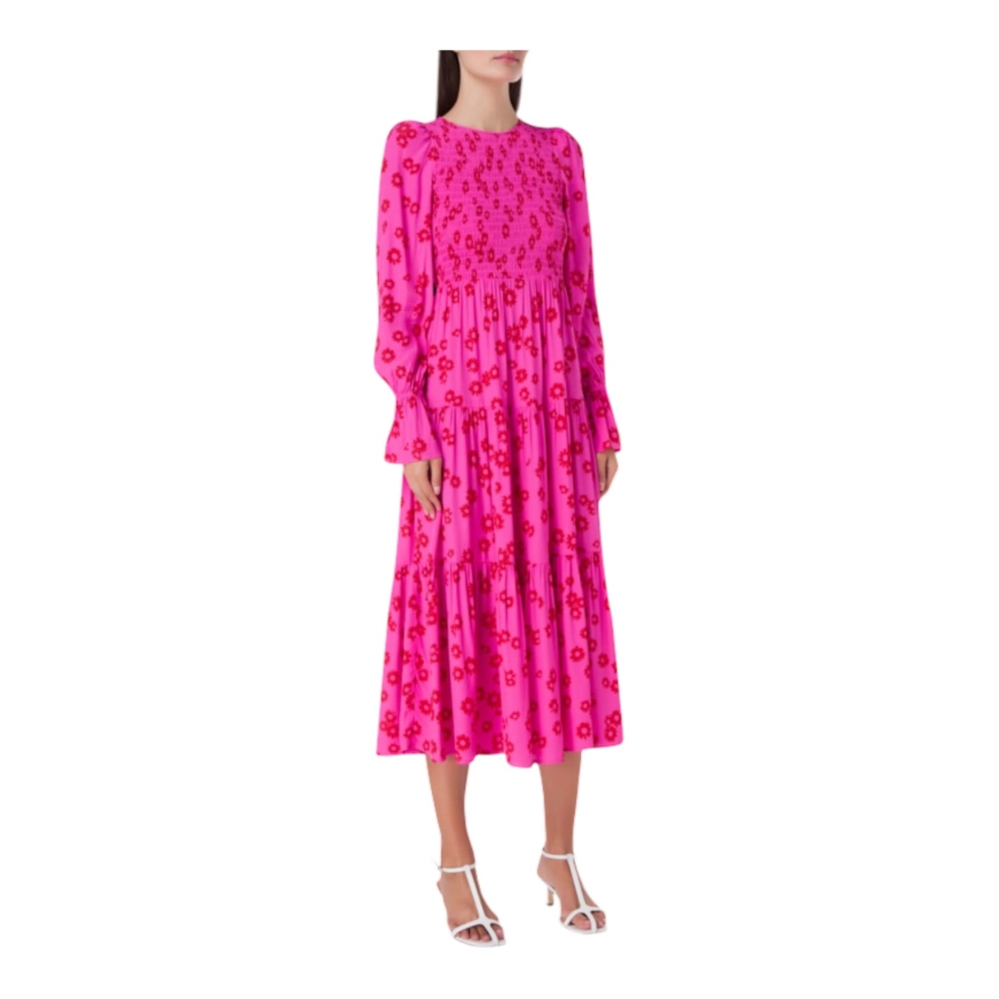 Kitri Petra Pink Daisy Print Shirred Dress - 12