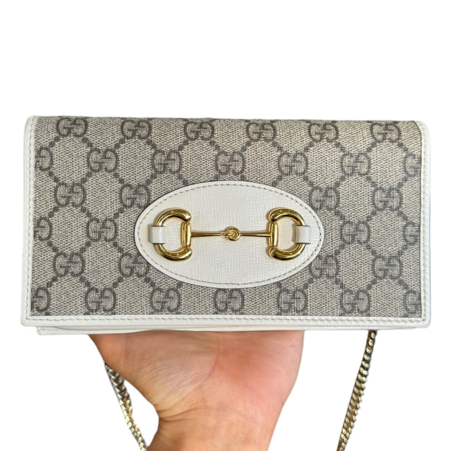 Gucci White 'Gucci 1955' GG Supreme Horsebit Chain Wallet Bag