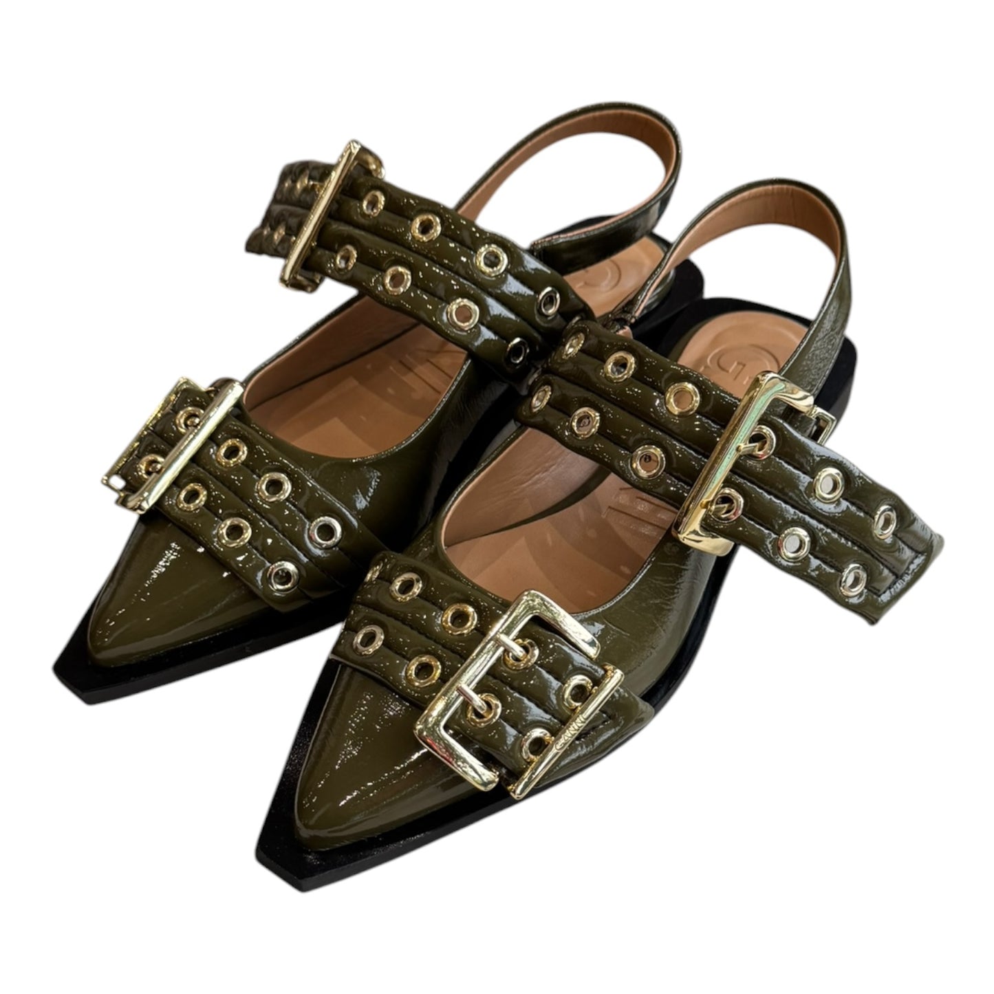 Ganni Khaki Buckle Ballerina Patent Slingback Flats - 37/4 - NEW