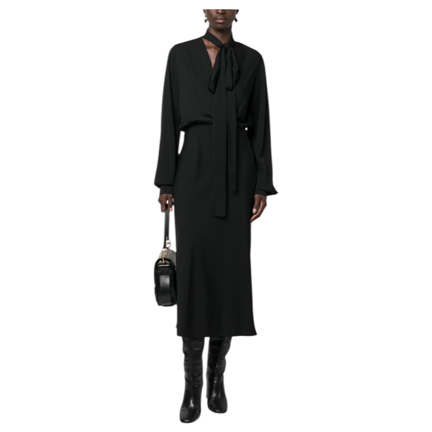 SportMax Black Silk Blend Pussy Bow Midi Dress - 10/12