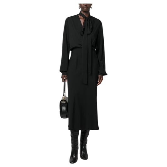 SportMax Black Silk Blend Pussy Bow Midi Dress - 10/12