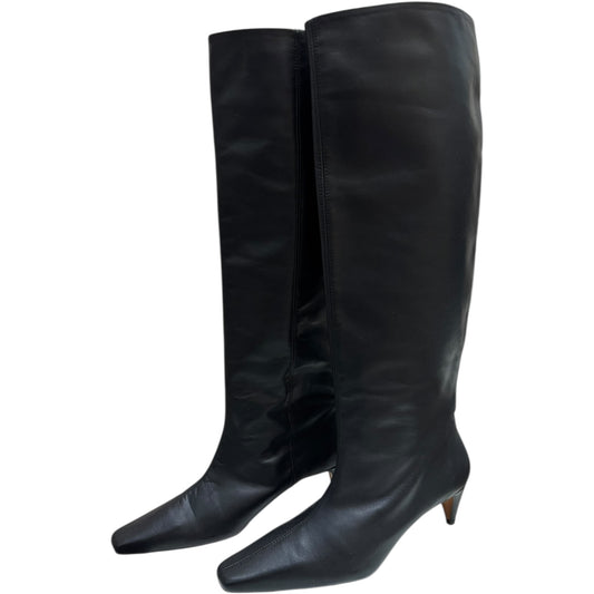 Jigsaw Black Leather Knee High Kitten Heels - 40 / 7