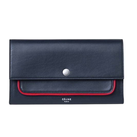 Celine Smooth Navy Blue Calfskin Wallet with Red Piping