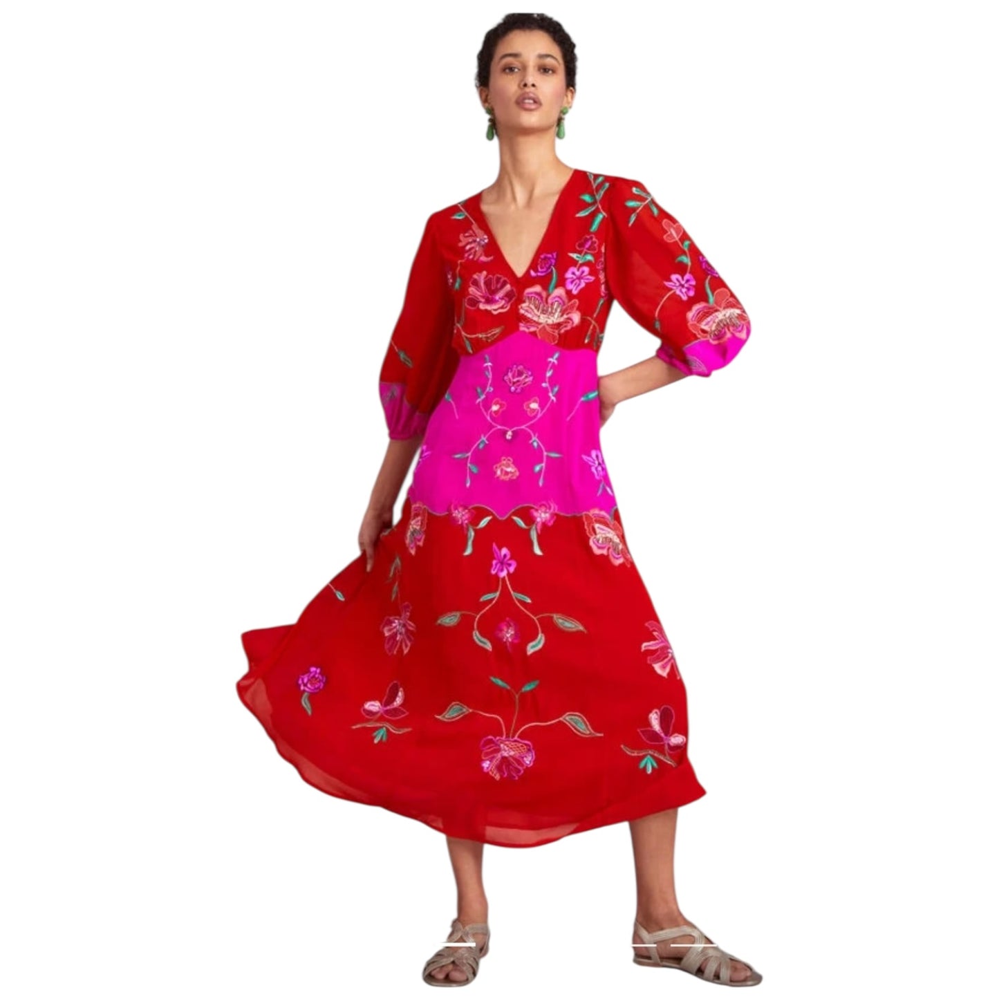 Monsoon Joanna Embellished Dress in Pink and Red - 14 - NEW