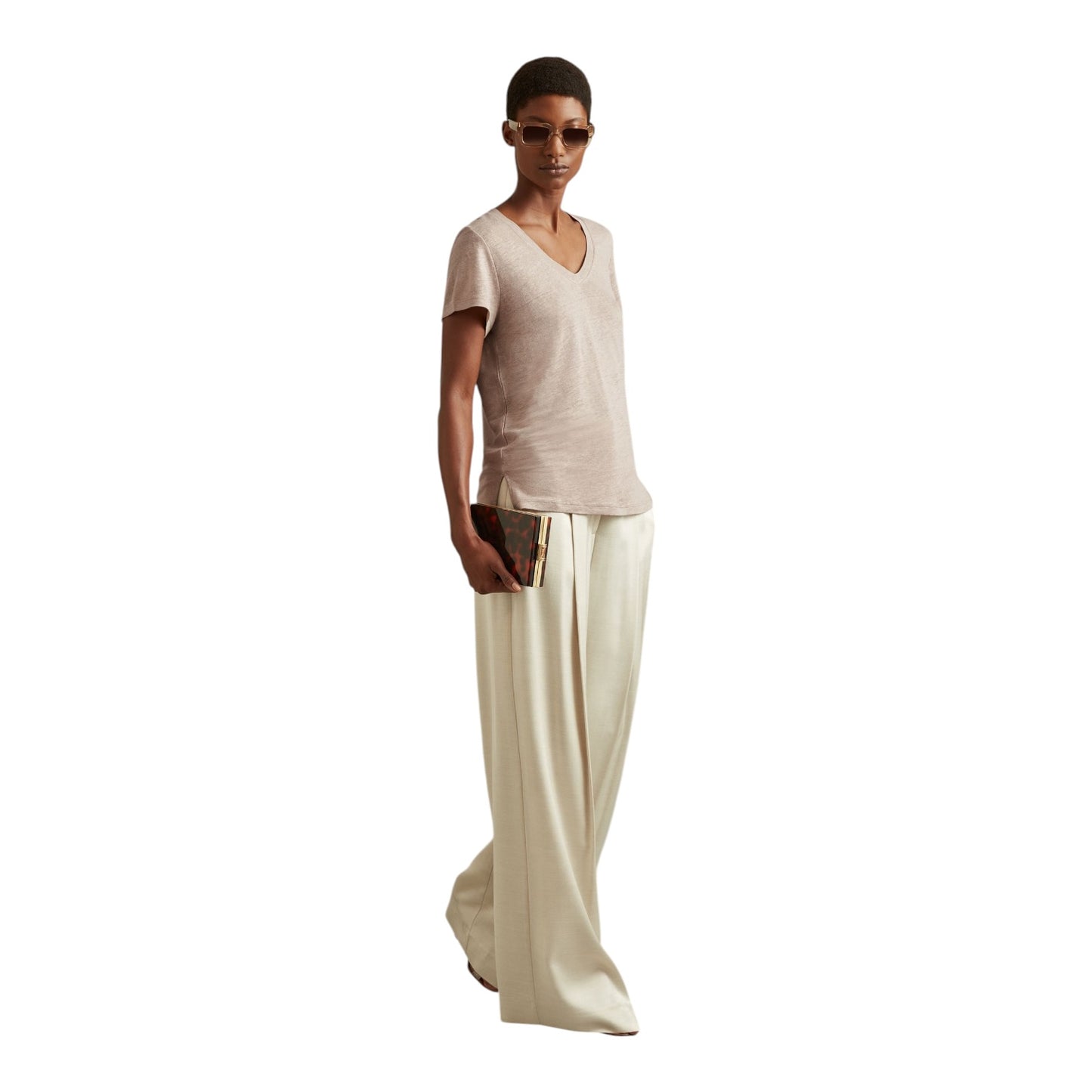 Reiss Lottie Linen V Neck T-Shirt in Mink - 12