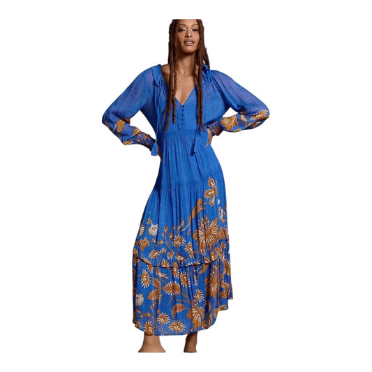 Anthropologie The Marais Blue Printed Chiffon Maxi Dress - 14